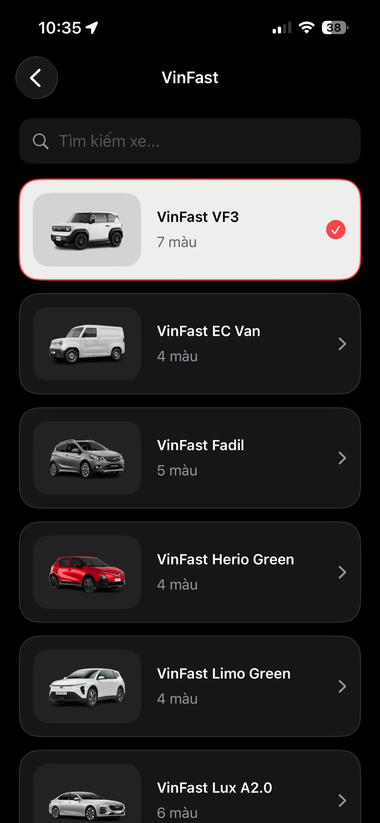 Danh sách mẫu xe VinFast và các màu xe có thể chọn trong Pilo3