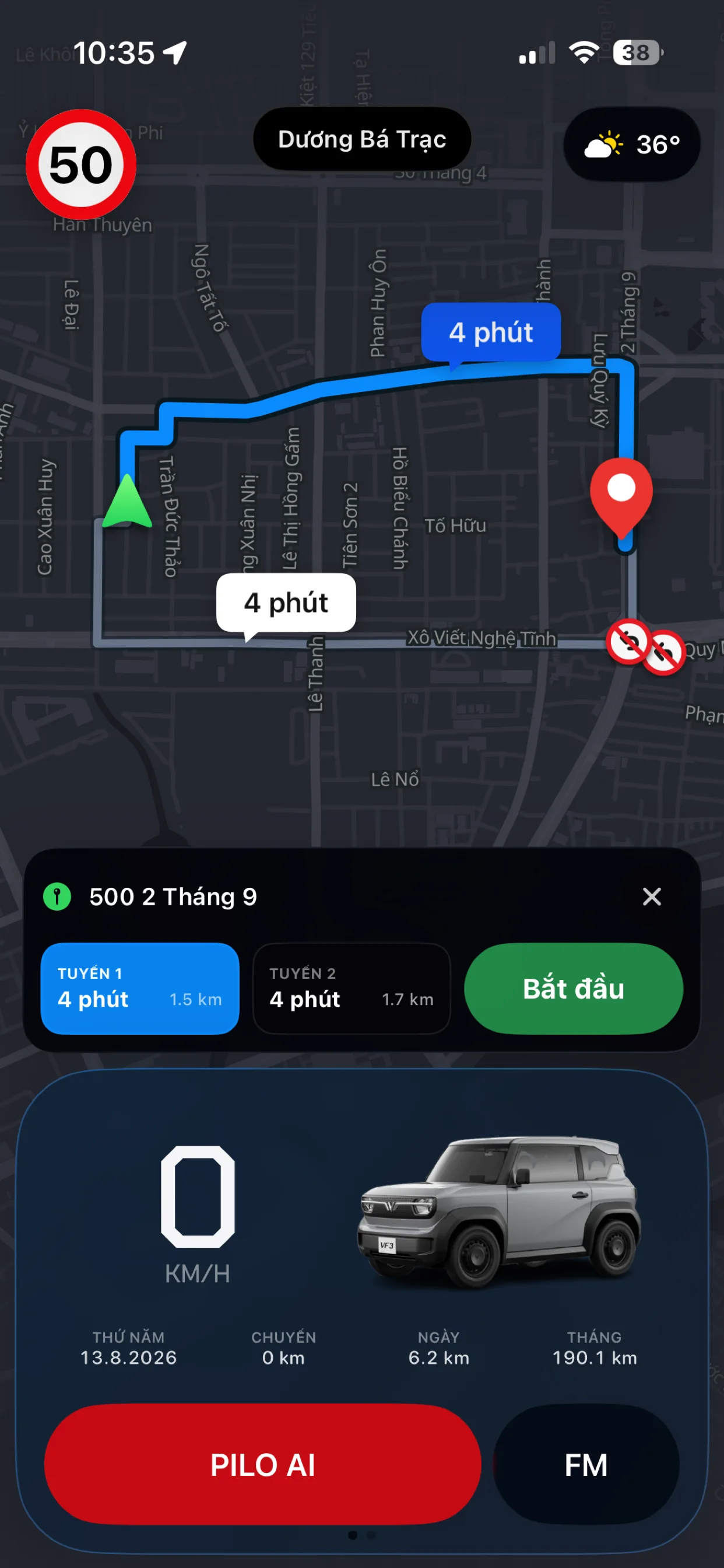 Màn hình chọn tuyến đường và bắt đầu dẫn đường trong Pilo3